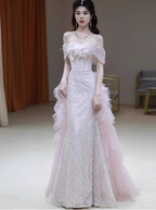 Elegant Light Pink Mermaid Off-The-Shoulder Sequined Sheer Tulle Long Classy Prom Dress