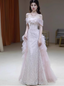 Elegant Light Pink Mermaid Off-The-Shoulder Sequined Sheer Tulle Long Classy Prom Dress