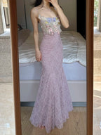 Elegant Light Purple Mermaid Square Neck 3D Floral Lace Long Classy Prom Dress