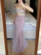Elegant Light Purple Mermaid Square Neck 3D Floral Lace Long Classy Prom Dress