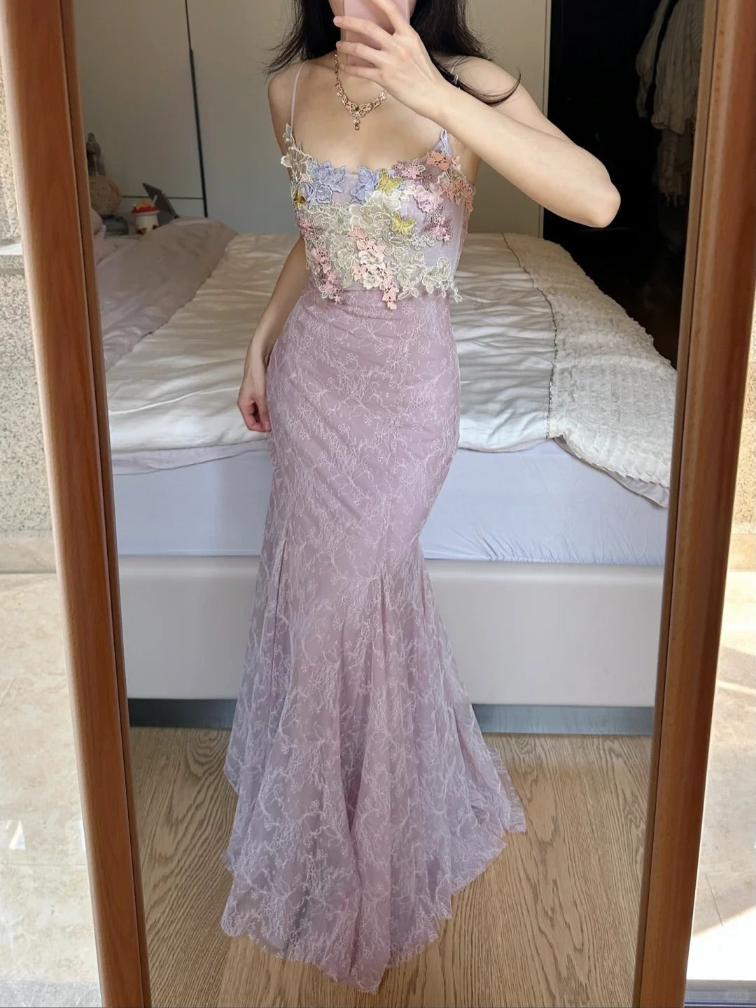 Elegant Light Purple Mermaid Square Neck 3D Floral Lace Long Classy Prom Dress