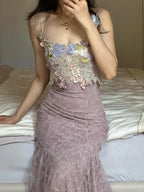 Elegant Light Purple Mermaid Square Neck 3D Floral Lace Long Classy Prom Dress