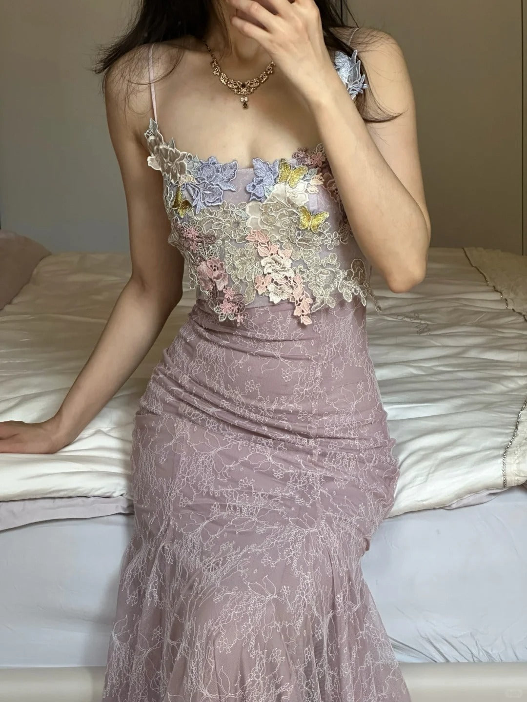 Elegant Light Purple Mermaid Square Neck 3D Floral Lace Long Classy Prom Dress