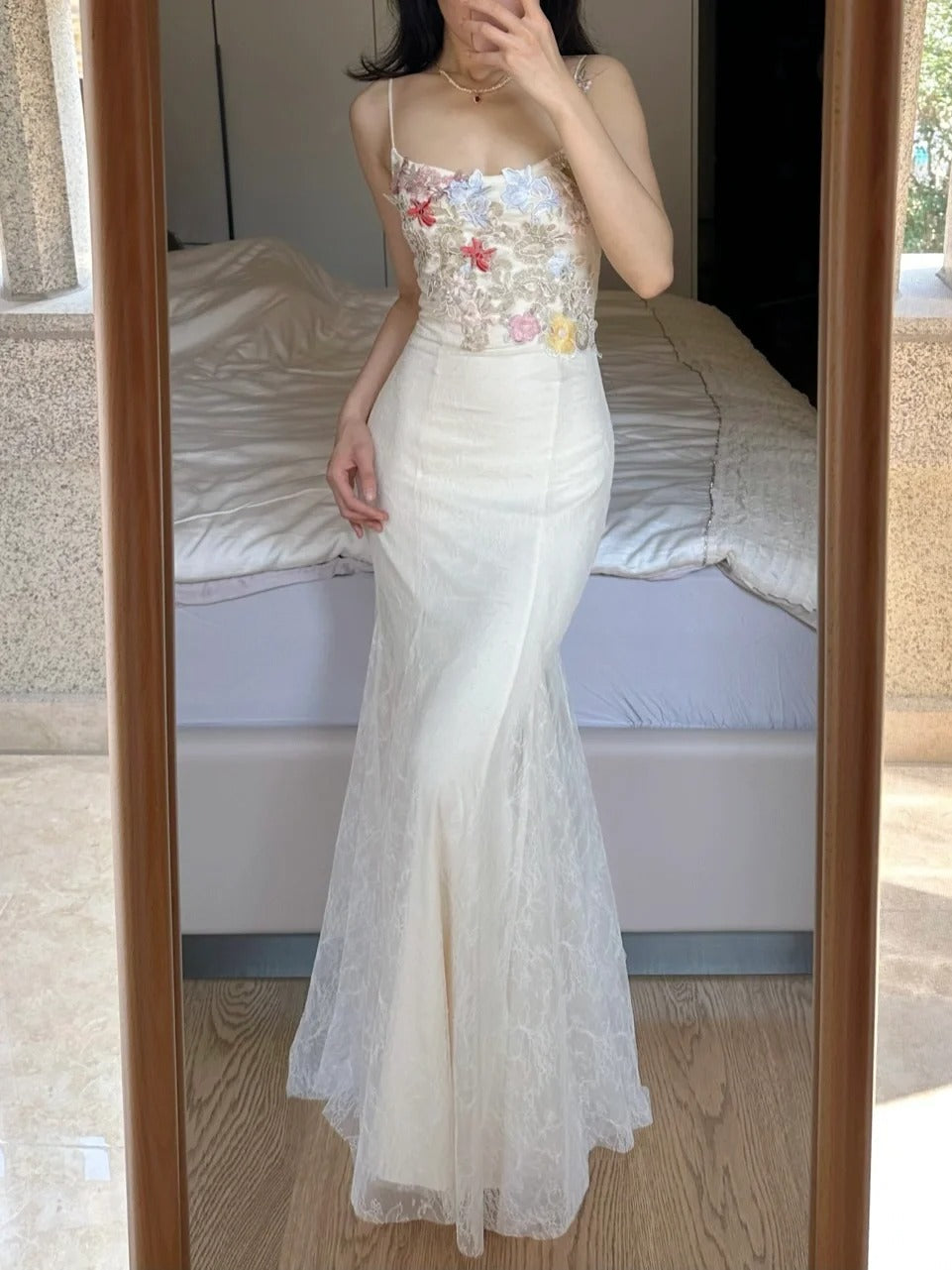 Elegant Light Purple Mermaid Square Neck 3D Floral Lace Long Classy Prom Dress