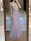 Elegant Light Purple Mermaid Square Neck 3D Floral Lace Long Classy Prom Dress