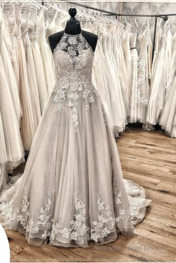 Elegant Long A-line Halter Backless Appliques Lace Tulle Ruffles Train Wedding Dress Main image
