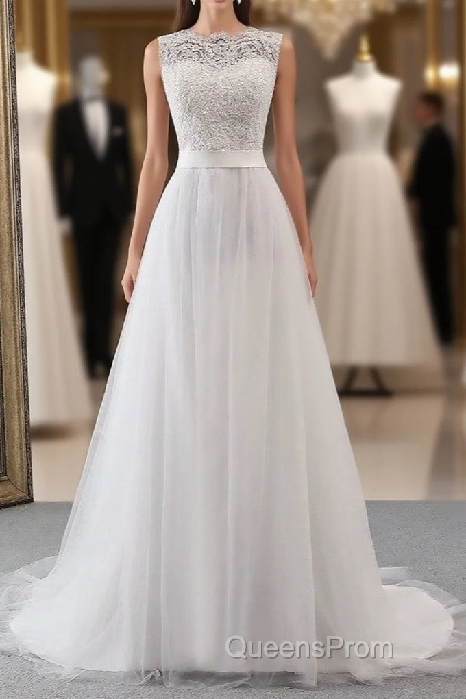 Elegant Long A-line Jewel Tulle Appliques Lace Wedding Dress Main image