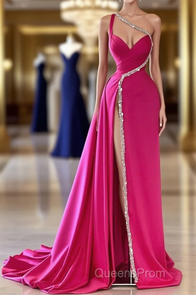 Elegant Long A-line One Shoulder Sweetheart Sleeveless Satin Evening Prom Dress With Slit Main image