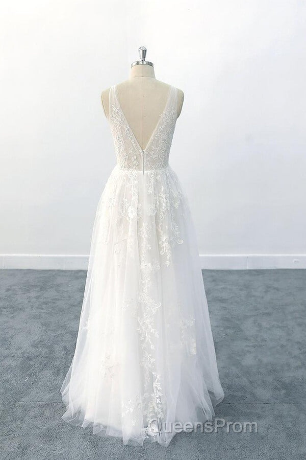 Elegant Long A-line V-neck Appliques Tulle Backless Wedding Dress