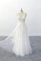 Elegant Long A-line V-neck Appliques Tulle Backless Wedding Dress