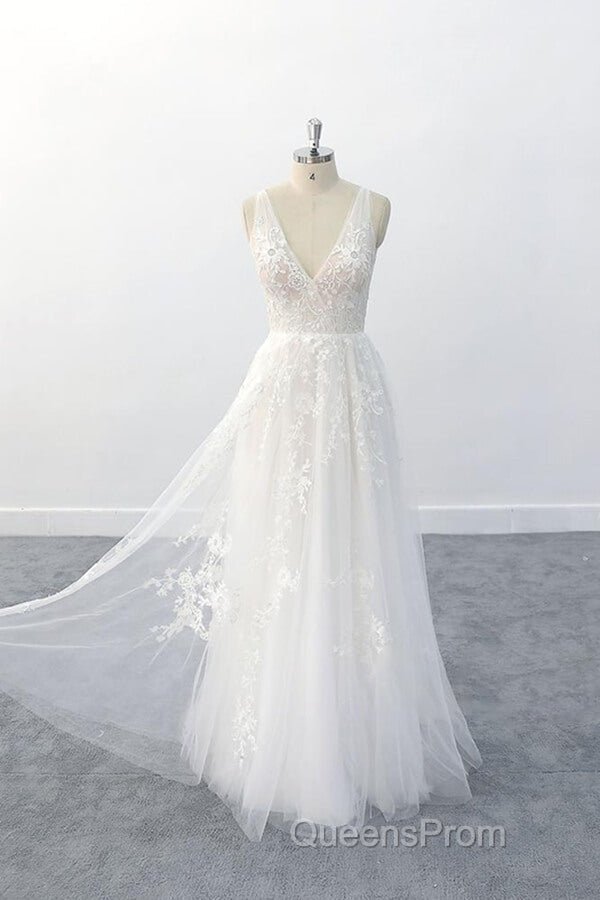 Elegant Long A-line V-neck Appliques Tulle Backless Wedding Dress