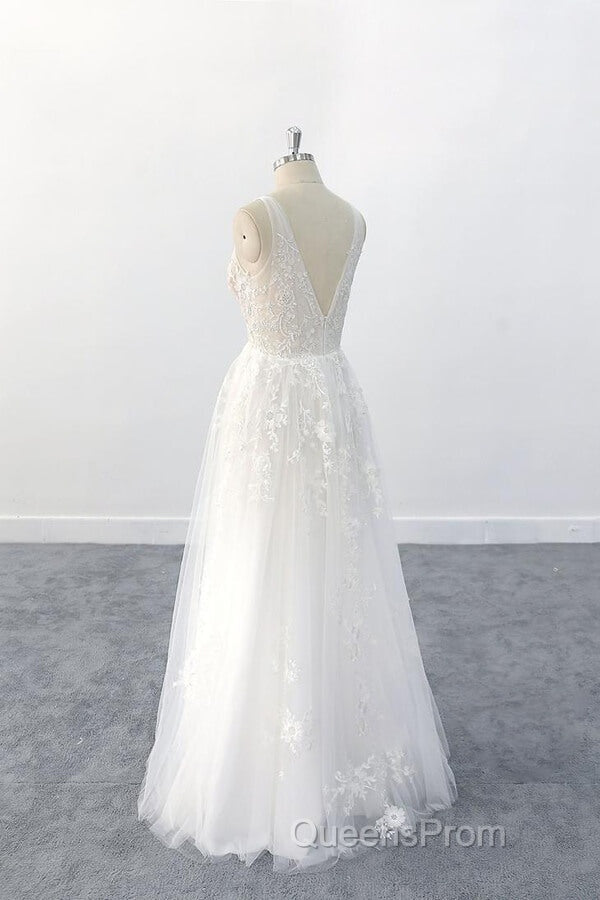 Elegant Long A-line V-neck Appliques Tulle Backless Wedding Dress