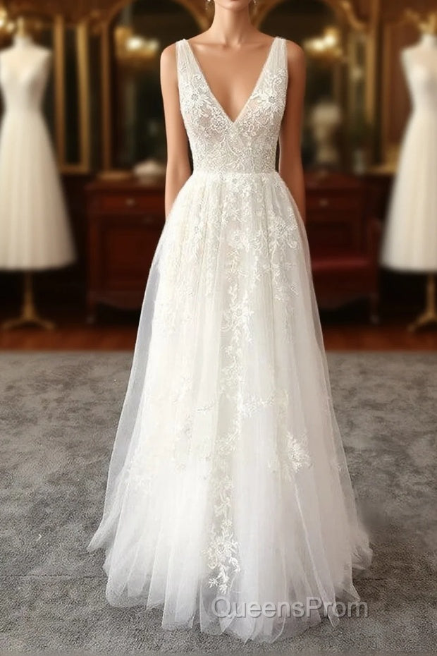 Elegant Long A-line V-neck Appliques Tulle Backless Wedding Dress Main image