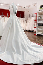 Elegant Long A-line V Neck Satin Ruffles Open Back Wedding Dress
