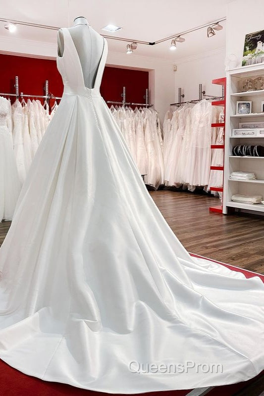 Elegant Long A-line V Neck Satin Ruffles Open Back Wedding Dress