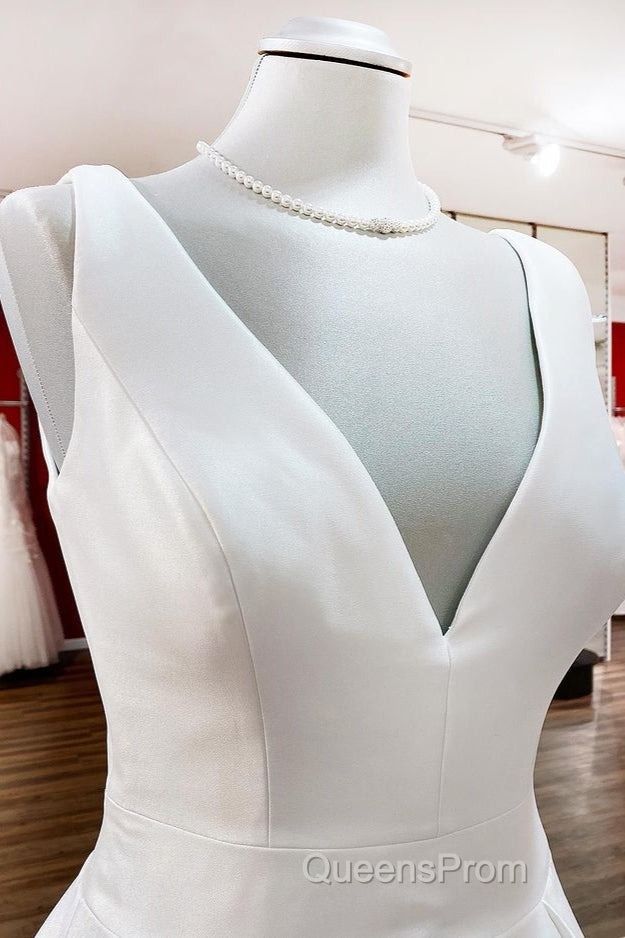 Elegant Long A-line V Neck Satin Ruffles Open Back Wedding Dress