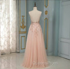 Elegant Long A-line V-neck Sequins Tulle Backless Evening Prom Dress