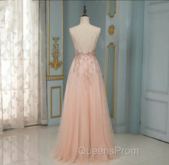 Elegant Long A-line V-neck Sequins Tulle Backless Evening Prom Dress