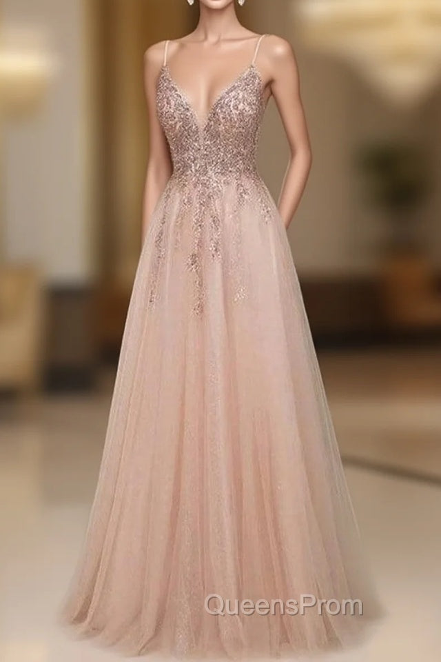 Elegant Long A-line V-neck Sequins Tulle Backless Evening Prom Dress Main image