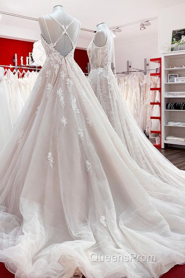 Elegant Long A-line V Neck Sleeveless Ruffles Backless Wedding Dress