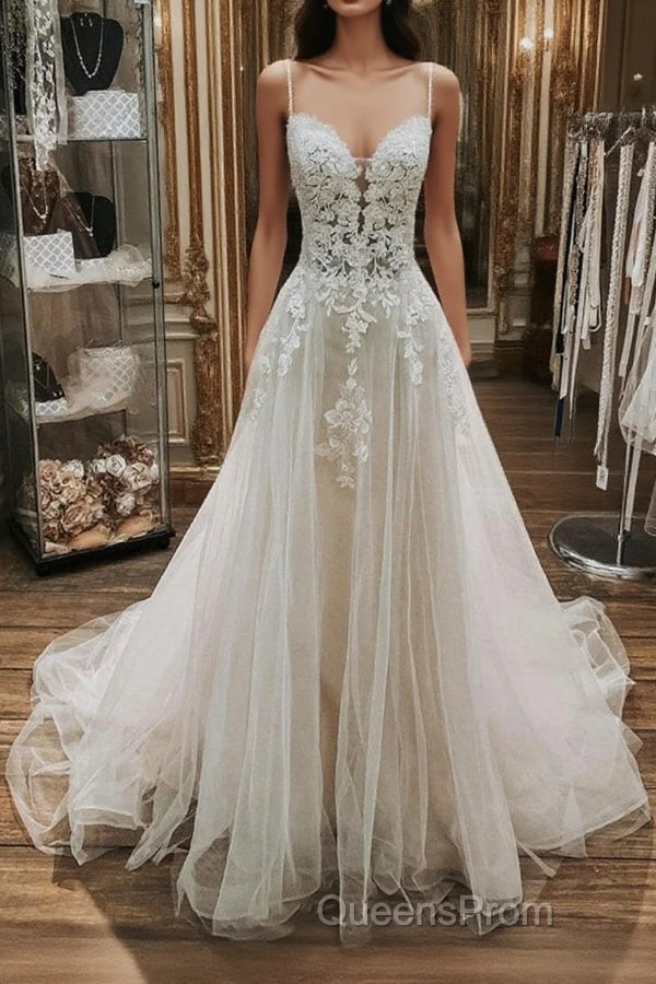 Elegant Long A-line V Neck Spaghetti Straps Lace Tulle Wedding Dress