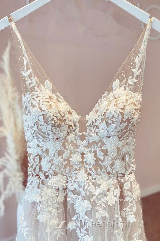 Elegant Long A-line V-neck Tulle Appliques Lace Open Back Wedding Dress Secondary image