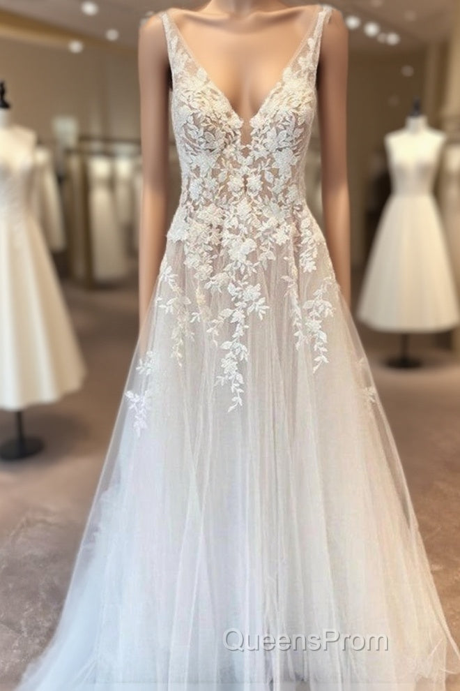 Elegant Long A-line V-neck Tulle Appliques Lace Open Back Wedding Dress Main image