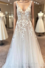 Elegant Long A-line V-neck Tulle Appliques Lace Open Back Wedding Dress