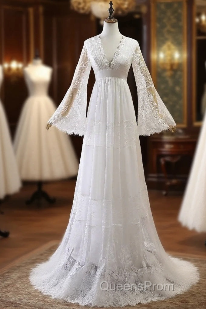 Elegant Long A-line V-Neck Tulle Lace Wedding Dress with Sleeves Main image