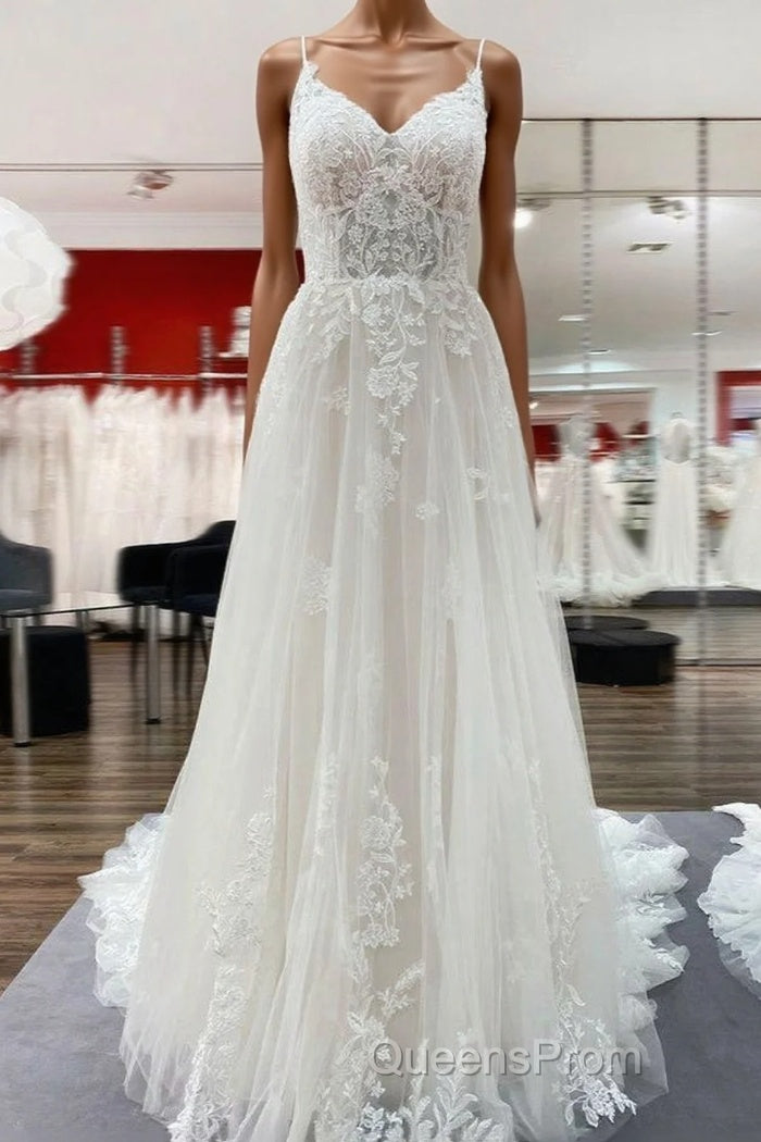 Elegant Long A-Line V Neck Tulle Spaghetti Straps Lace Wedding Dress Main image