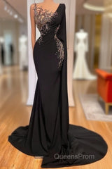 Elegant Long Black Mermaid Beading Lace Evening Prom Dress