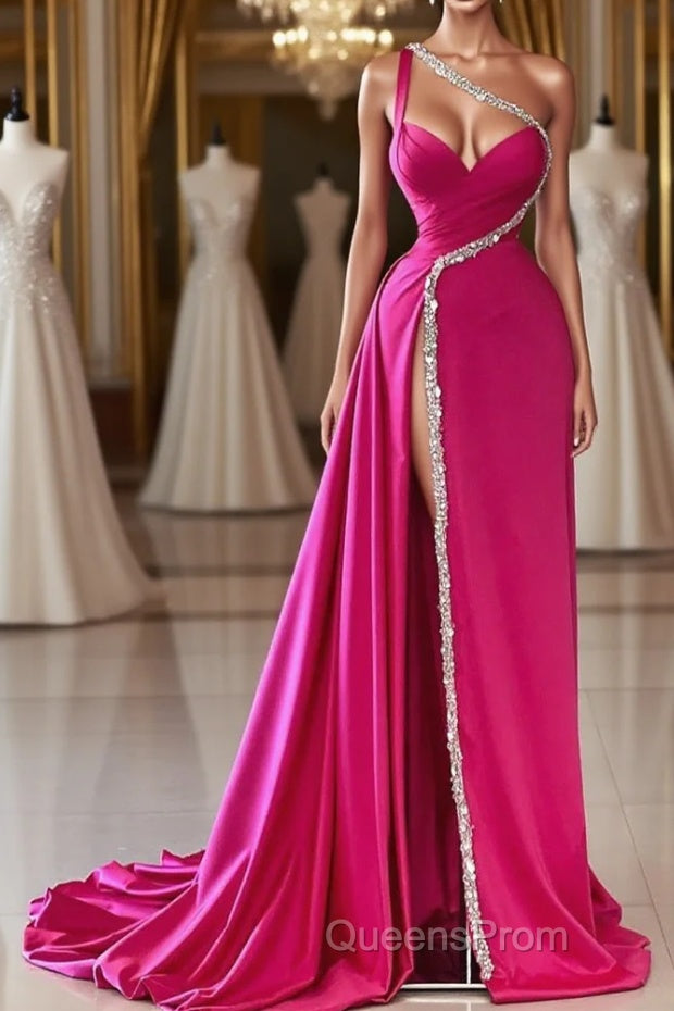 Elegant Long Fuchsia One Shoulder Jewels Sleeveless Evening Prom Dress Long Slit Online Main image