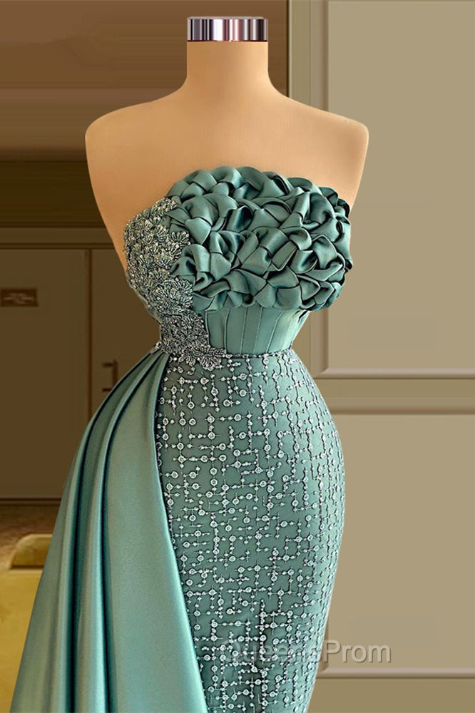 Elegant Long Green Mermaid Sleeveless Beading Evening Prom Dress With Ruffles Long