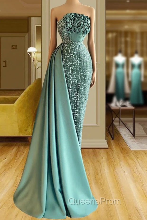 Elegant Long Green Mermaid Sleeveless Beading Evening Prom Dress With Ruffles Long Main image