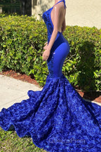 Elegant Long Mermaid Halter Satin Lace Backless Evening Prom Dress