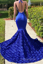 Elegant Long Mermaid Halter Satin Lace Backless Evening Prom Dress