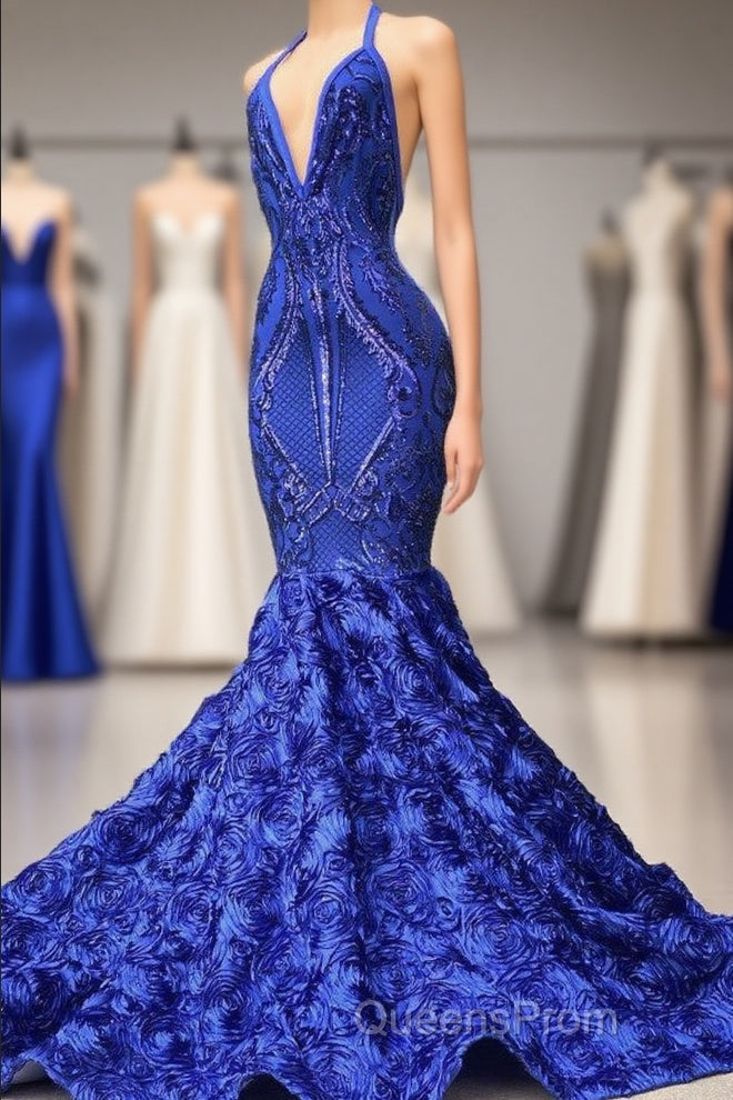 Elegant Long Mermaid Halter Satin Lace Backless Evening Prom Dress Main image