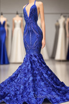 Elegant Long Mermaid Halter Satin Lace Backless Evening Prom Dress
