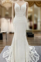 Elegant Long Mermaid Spaghetti Straps Lace Satin Open Back Wedding Dress