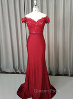 Elegant Long Mermaid Spandex Off Shoulder Party Dress, Wine Red Bridesmaid Dress