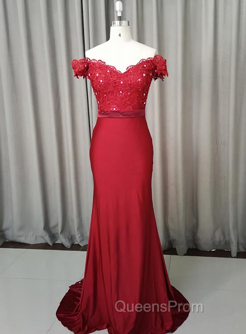 Elegant Long Mermaid Spandex Off Shoulder Party Dress, Wine Red Bridesmaid Dress