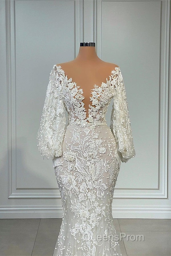 Elegant Long Mermaid V-neck Tulle Lace Wedding Dress with Sleeves Secondary image