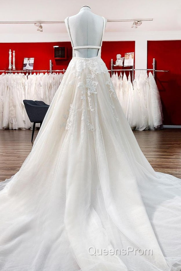Elegant Long Princess V-neck Tulle Backless Wedding Dress with Lace Secondary image