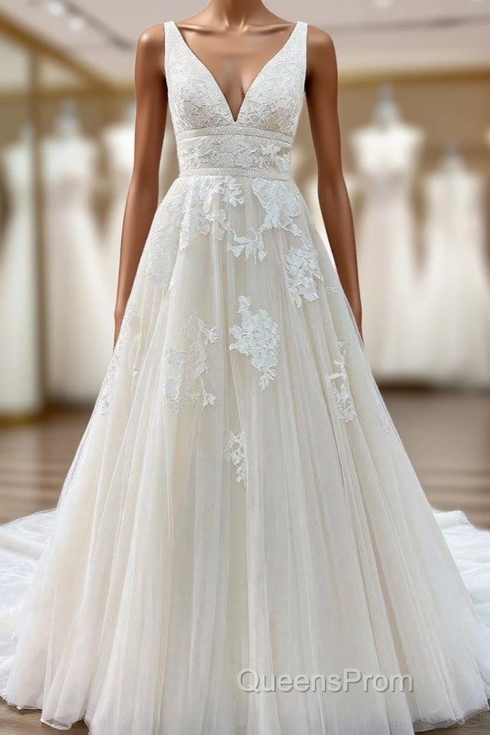 Elegant Long Princess V-neck Tulle Backless Wedding Dress with Lace Main image