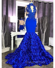 Elegant Long Sleeves Lace Appliques Evening Prom Party Gowns on Sale Fit and Flare Royal Blue Floral Evening Prom Party Gowns with Keyhole