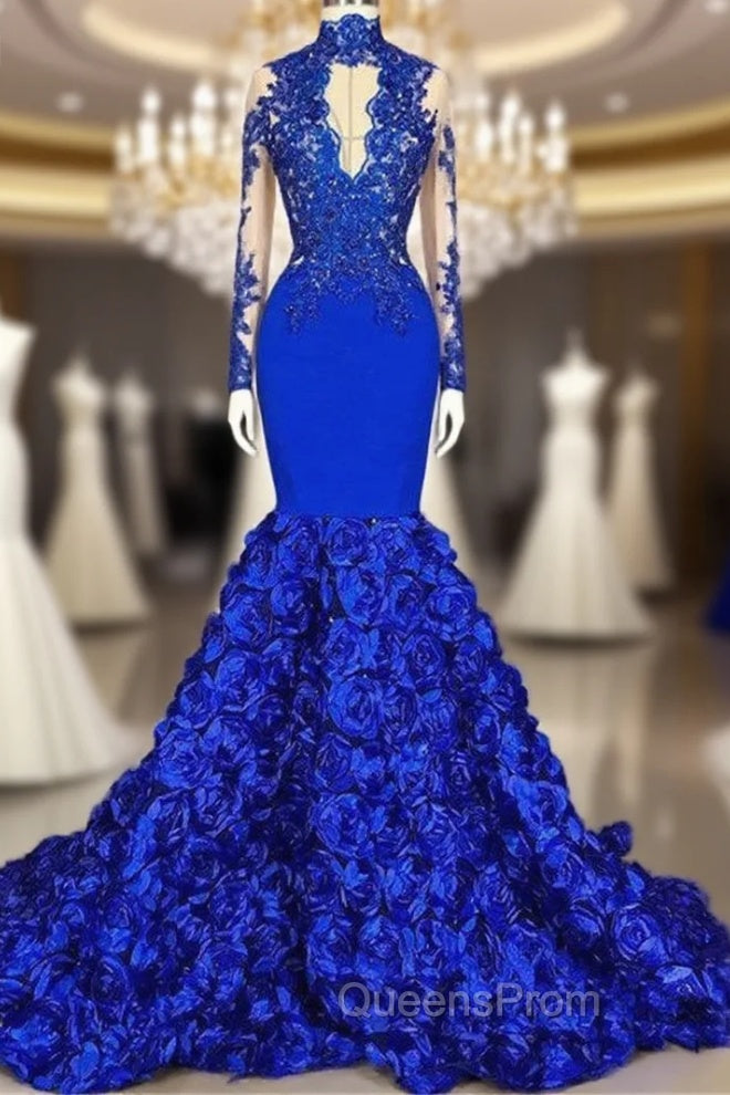Elegant Long Sleeves Lace Appliques Evening Prom Party Gowns on Sale Fit and Flare Royal Blue Floral Evening Prom Party Gowns with Keyhole Main image