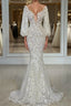 Elegant Long Sleeves Mermaid V-neck Tulle Lace Wedding Dress