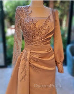 Elegant Long Sleeves Evening Prom Dress Floral Evening Party Dress with Side Sweep Train
