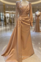 Elegant Long Sleeves Evening Prom Dress Floral Evening Party Dress with Side Sweep Train