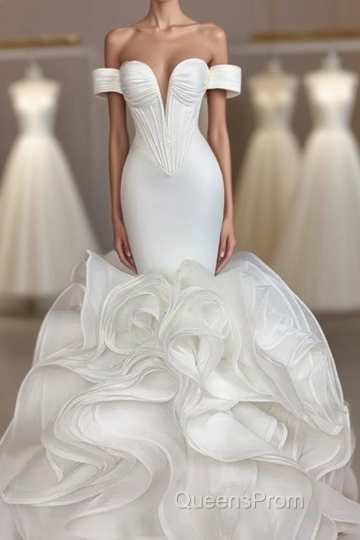 Elegant Mermaid African Women Wedding Dress Off The Shoulder Ruffles High Quality Satin Birdal White Wedding Gowns Evening Prom Dress Main image